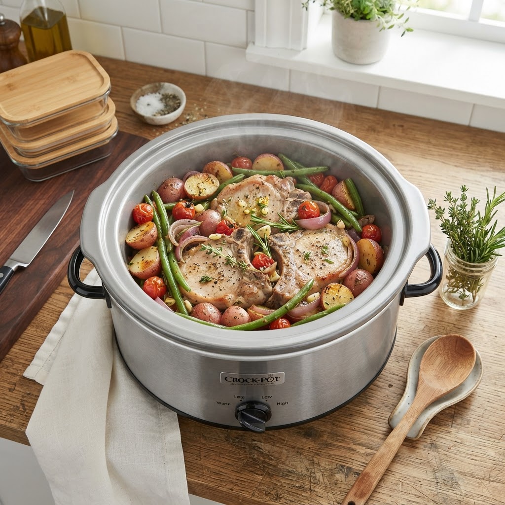 A complete, hearty meal prepared entirely in the slow cooker.