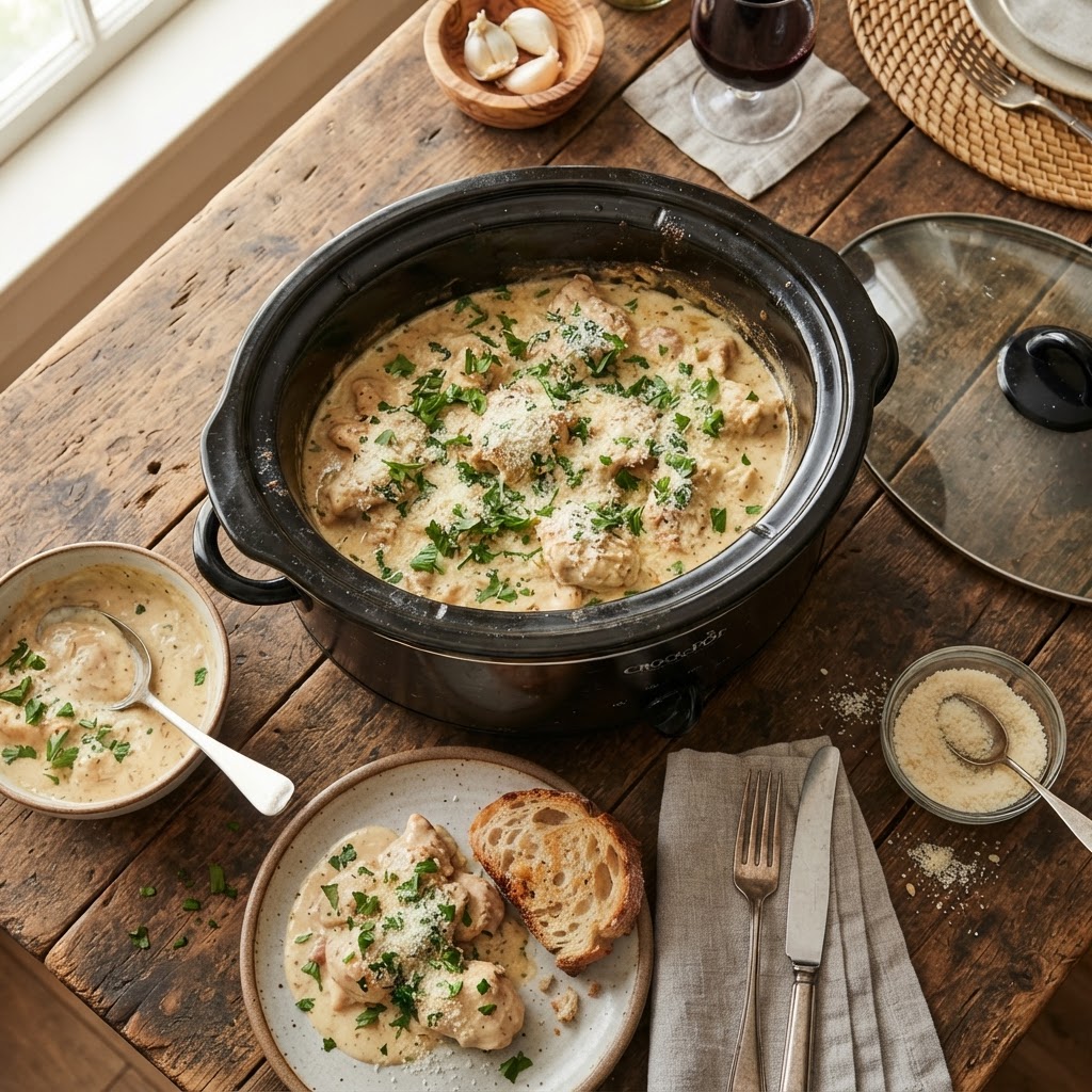 A delicious Creamy Garlic Parmesan chicken meal fresh from the slow cooker.