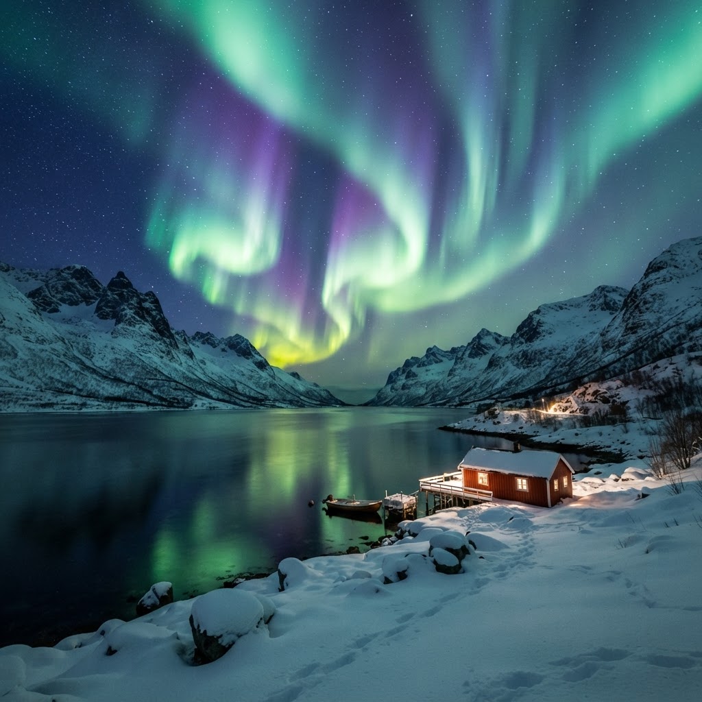 Capturing the elusive Northern Lights above a silent, snowy fjord.