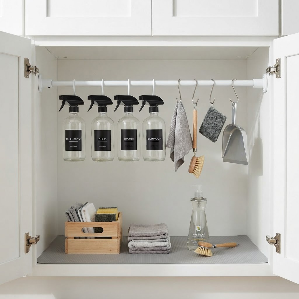 Maximize your under-sink storage with a simple tension rod hack.