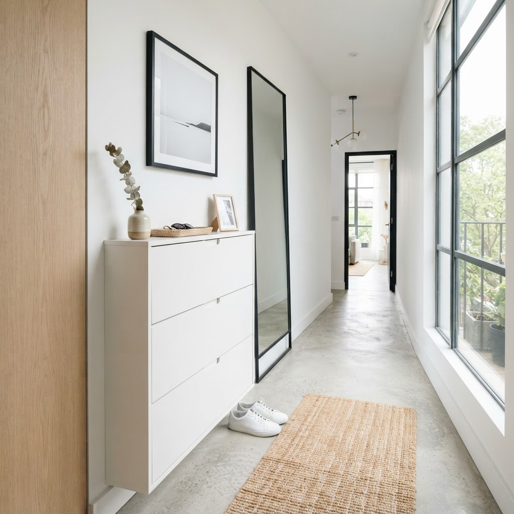 A space-saving tip-out cabinet for small entryways.