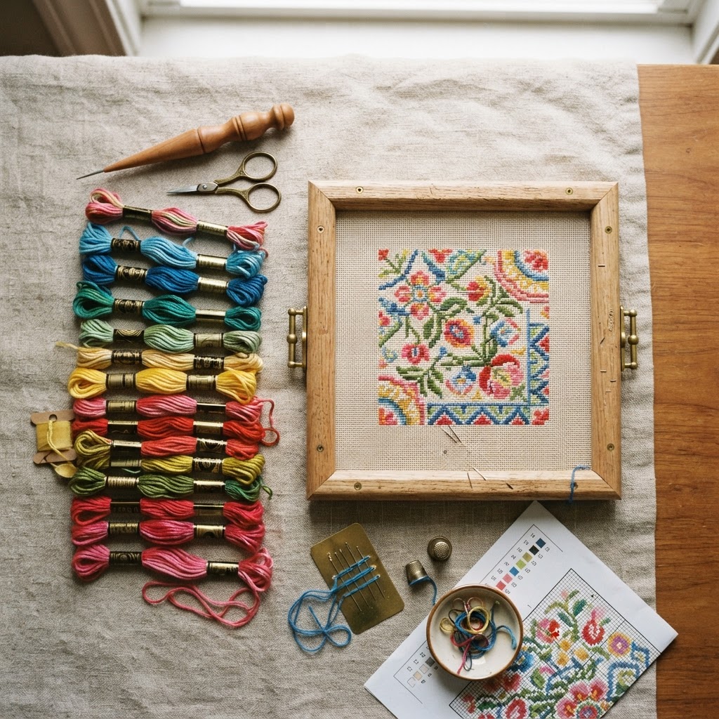 Essential supplies needed to begin your journey into Celtic needlepoint.