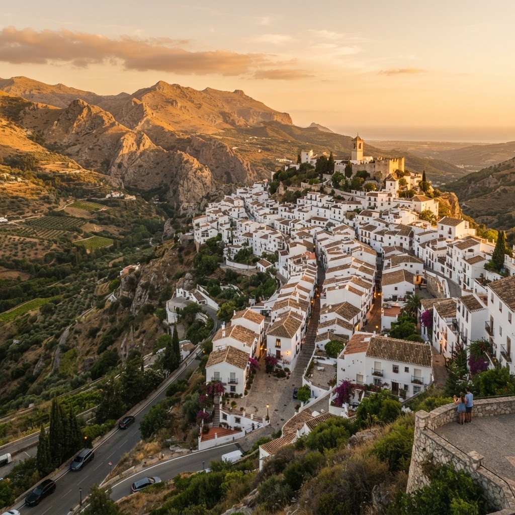 The golden hour illuminates the hilltop village of Ronda.