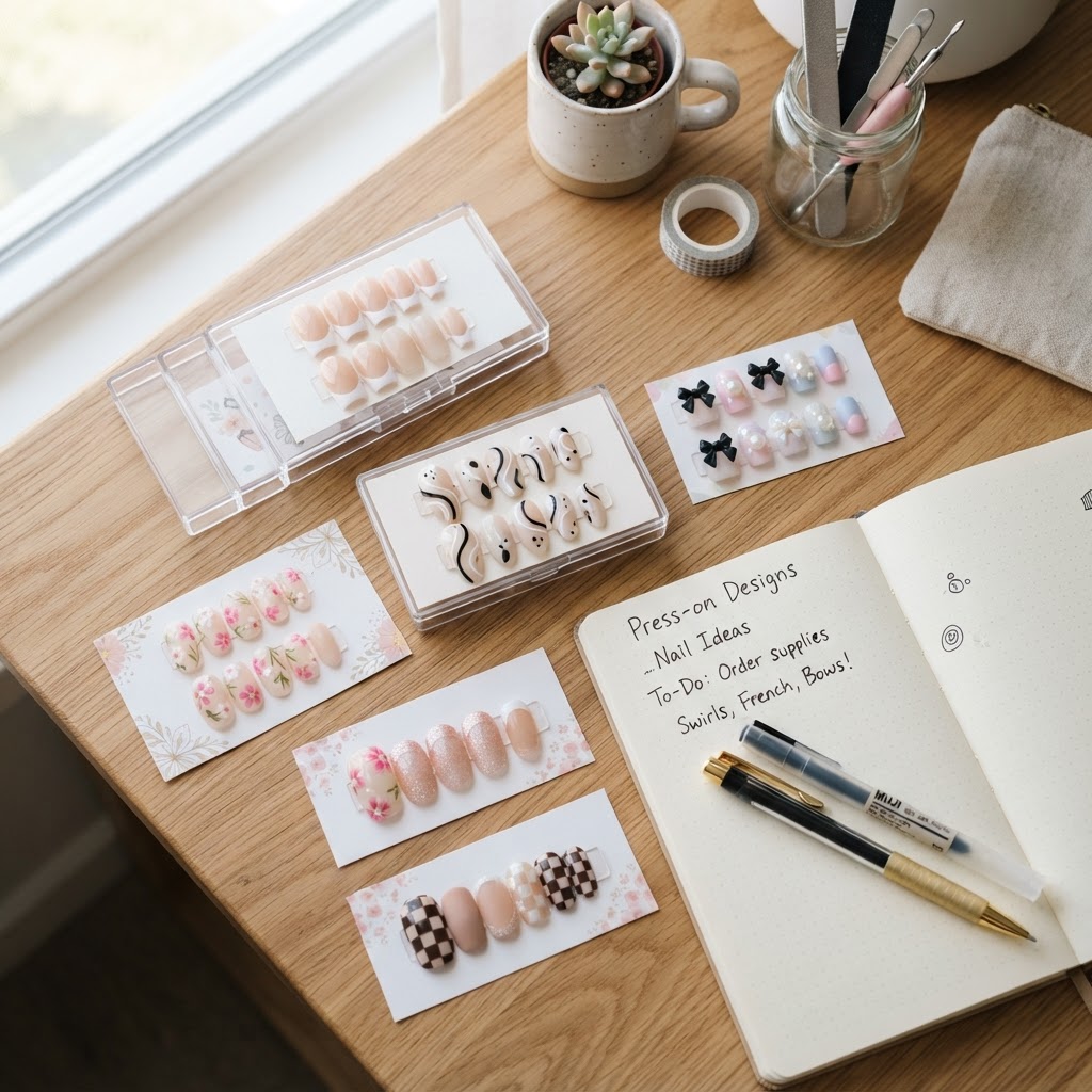 Trendy and cute back to school press-on nail designs laid out with school supplies.
