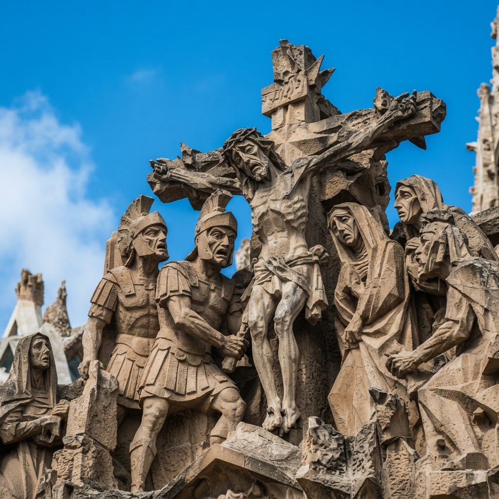 The dramatic and angular sculptures of the Passion Facade.