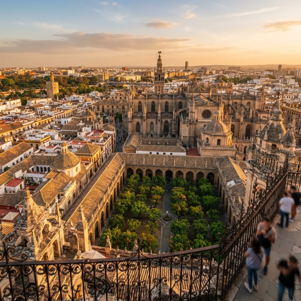 Panoramic views of Seville from the historic Giralda bell tower.