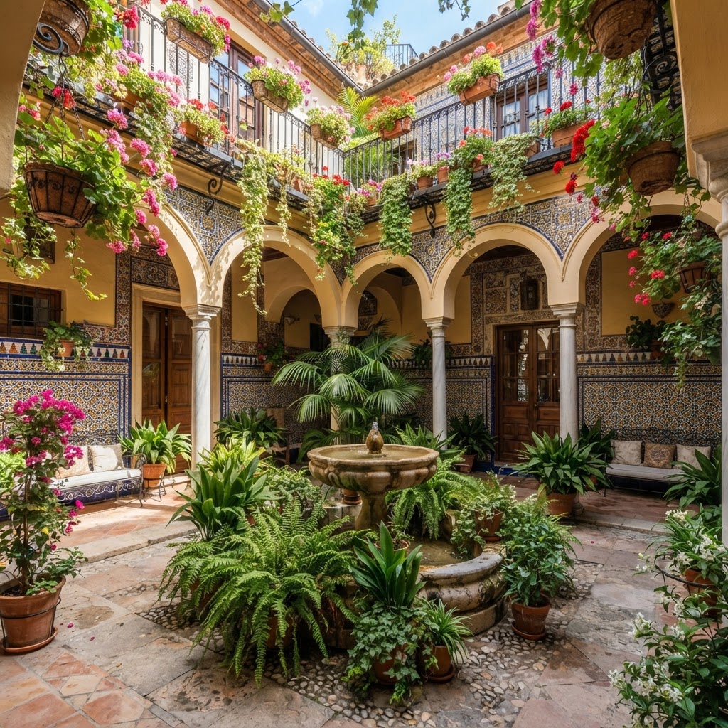 The vibrant tiles and lush greenery of a classic Andalusian patio.