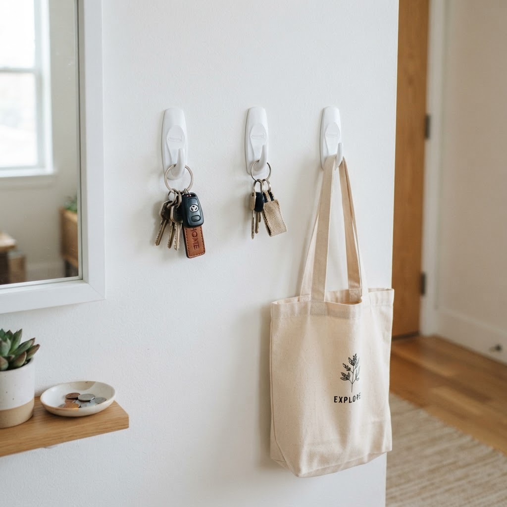 Adhesive hooks provide a versatile and damage-free way to organize entryway essentials.