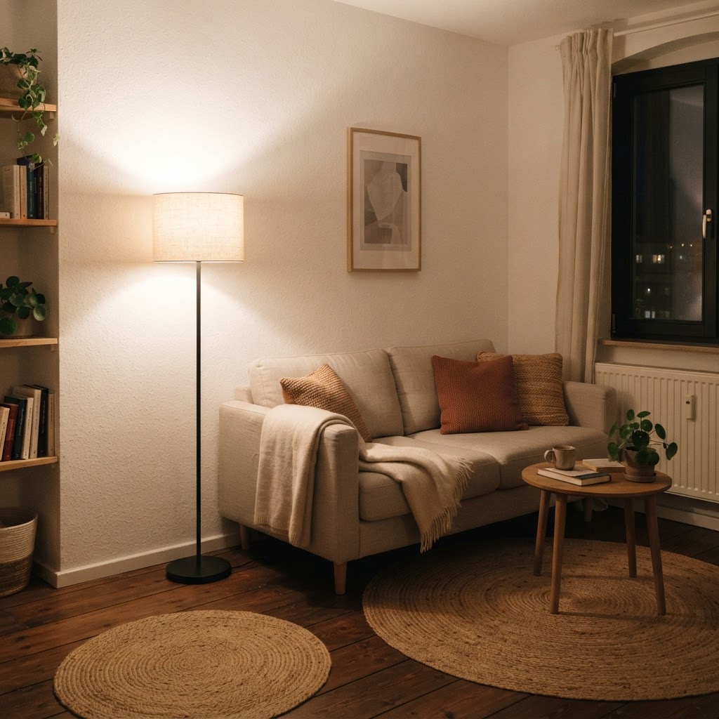 Use slim floor lamps to add light without sacrificing floor space.
