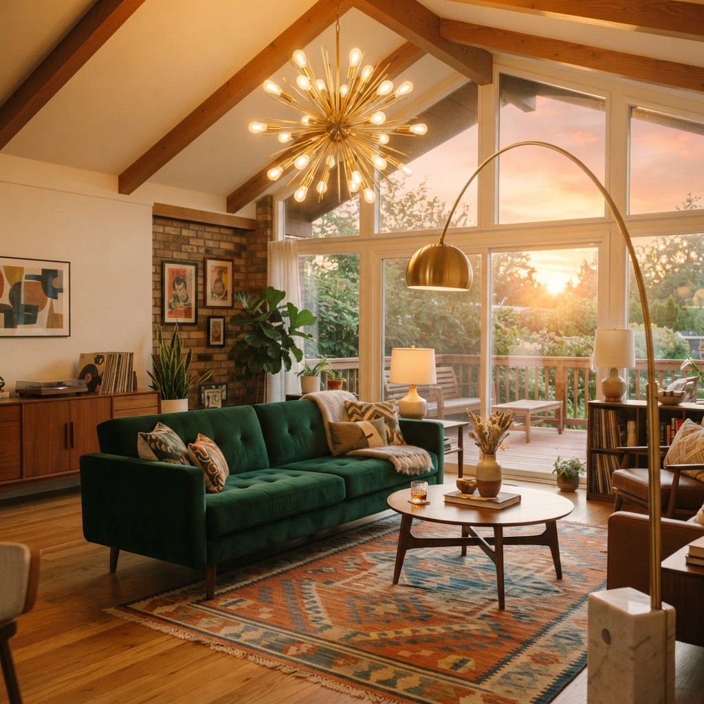 A classic Sputnik chandelier serves as a stunning centerpiece in this Mid-Century Modern living room.