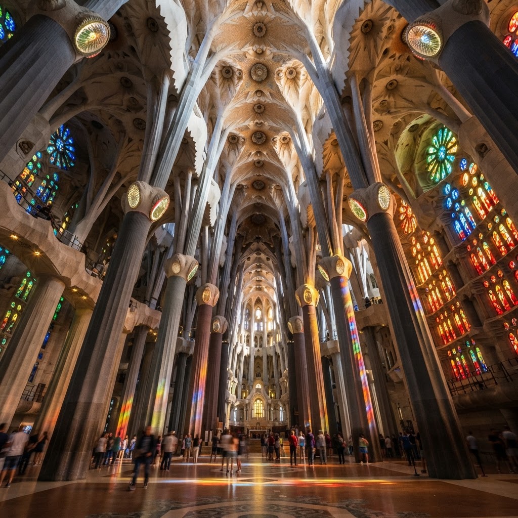Sagrada Familia: The Ultimate Barcelona Guide 3 The interior of the Sagrada Familia, designed to mimic a forest canopy.
