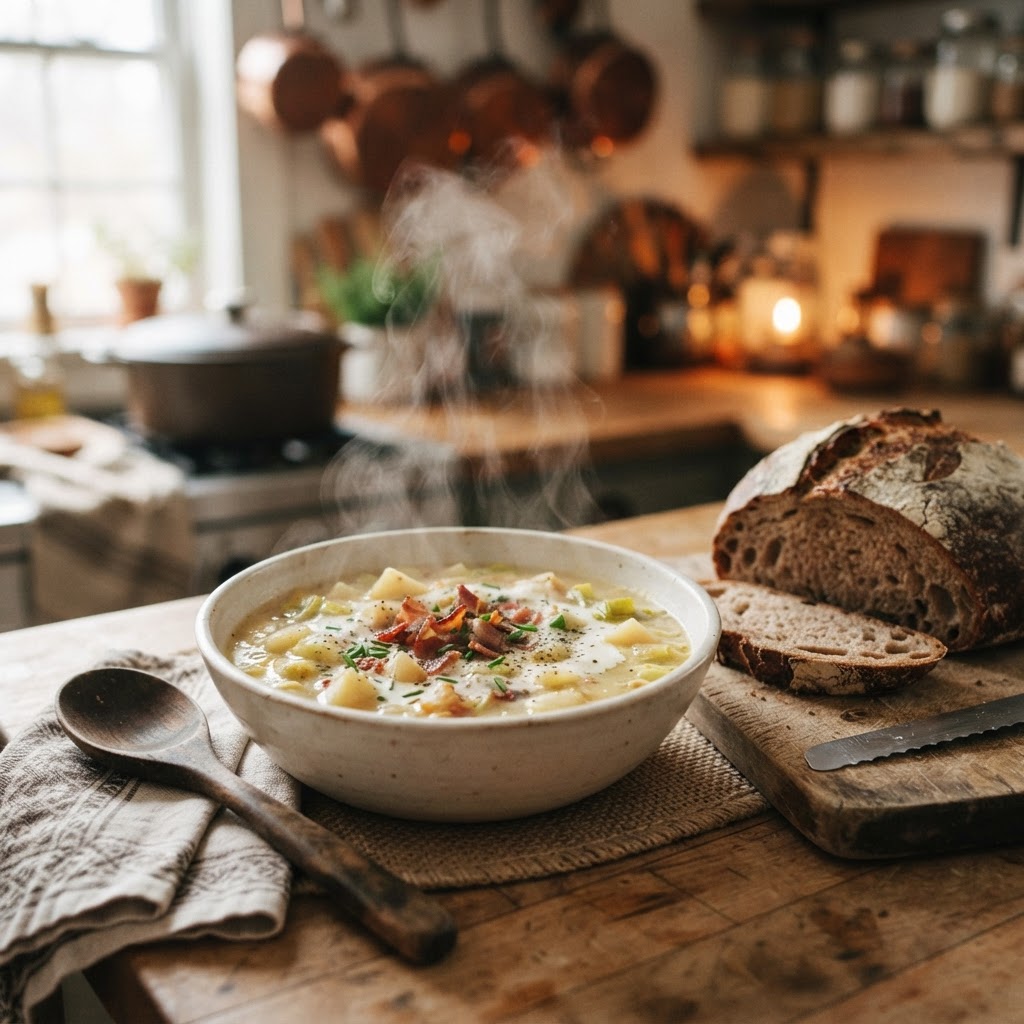 Warm, comforting soup served with crusty bread.