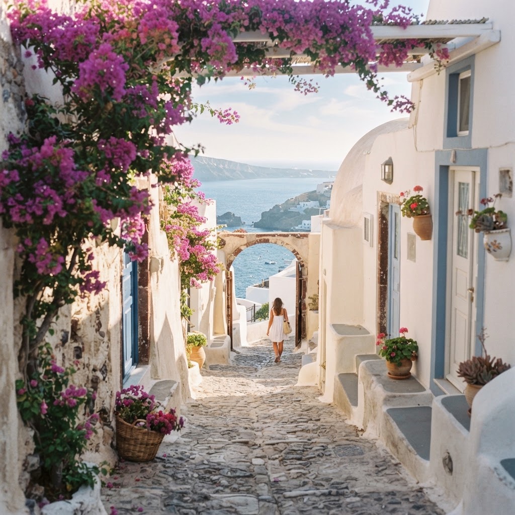 The iconic, sun-drenched pathways of Oia.