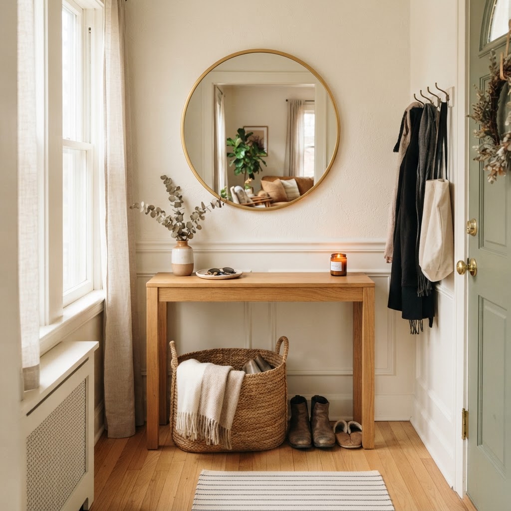A functional, stylish console setup maximizes vertical space.
