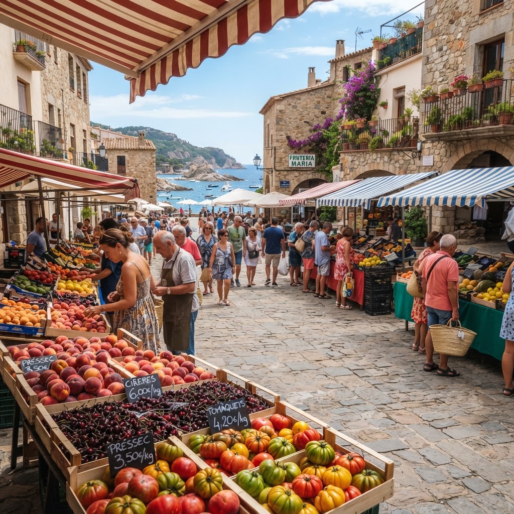 The vibrant atmosphere of a traditional Costa Brava open-air fruit market.