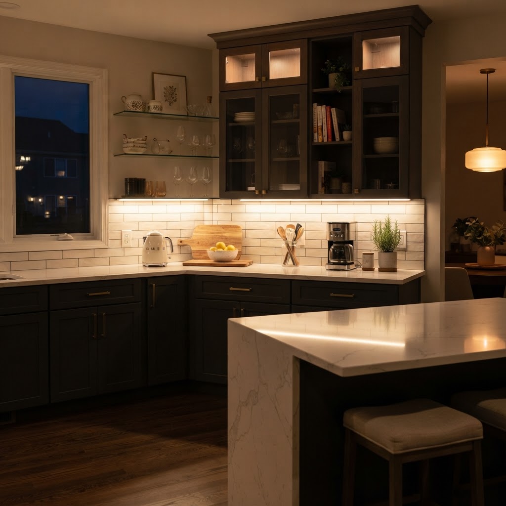 Under-cabinet LED lighting adds a luxurious, warm glow to the kitchen space.