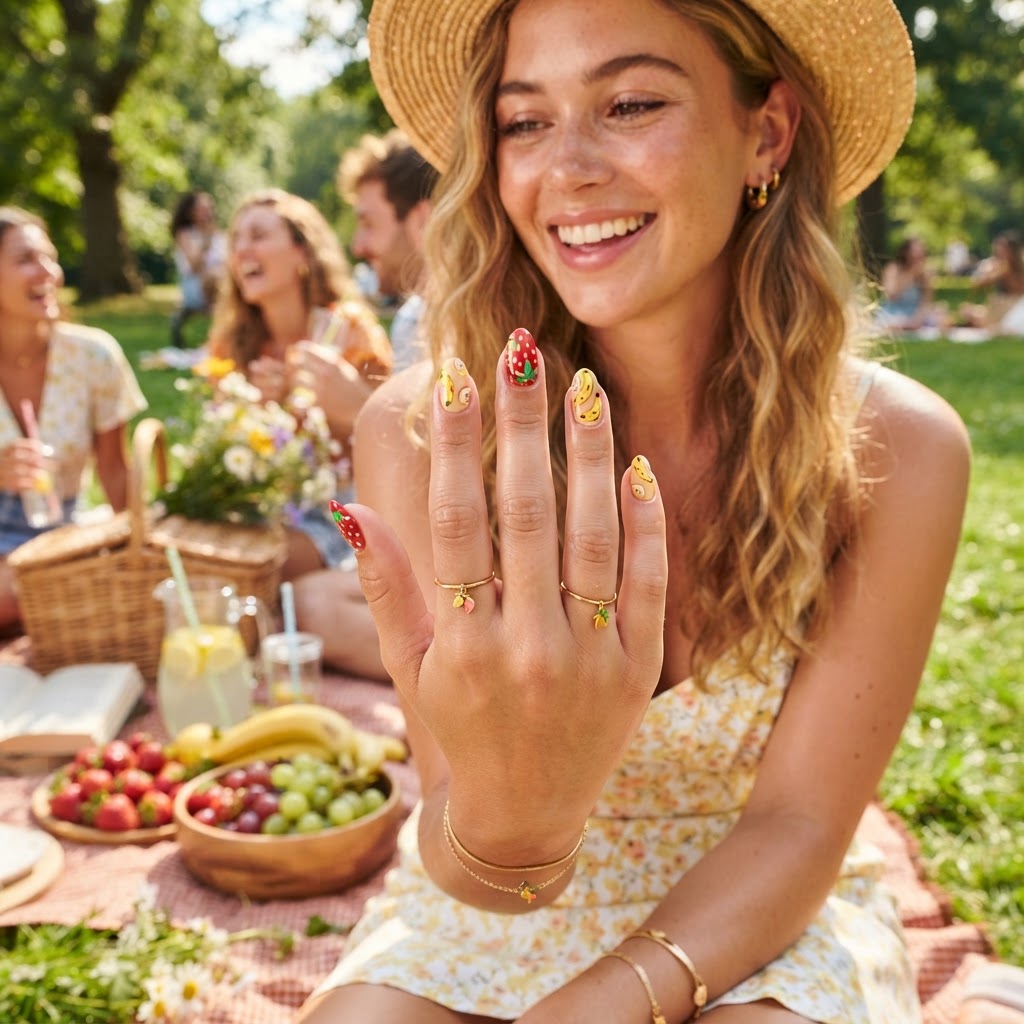 Summer picnic fruit-inspired nail designs.