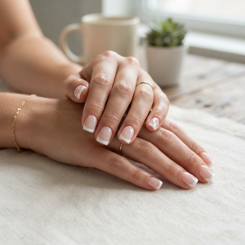 Short square french tip nails offer a modern and clean look.
