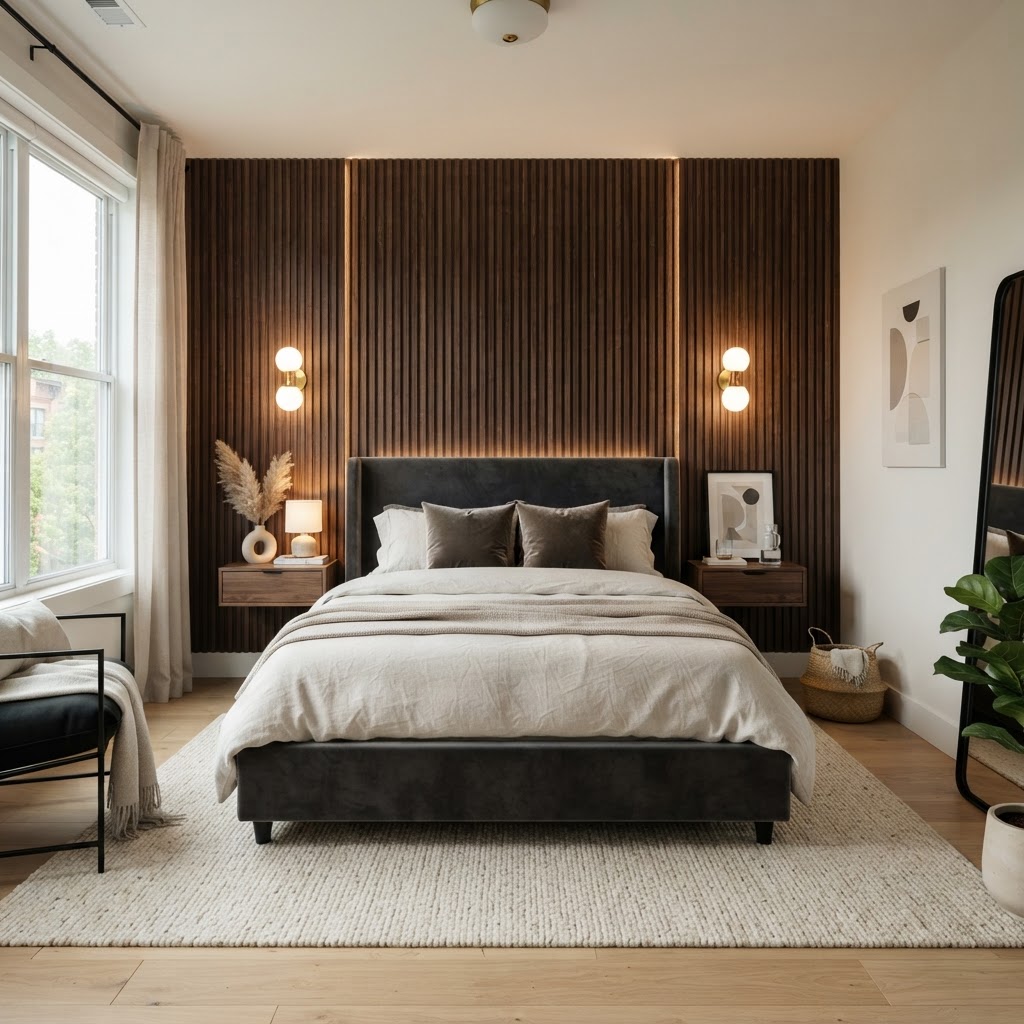 Adhesive-backed wood slats provide a high-end architectural finish.
