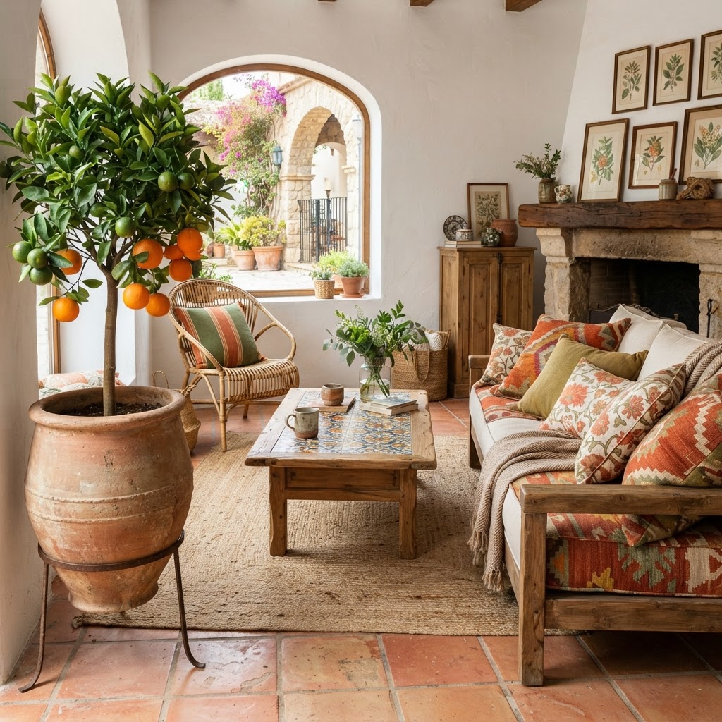 Seville Oranges & Tiles: Spanish Home Style 4 Bringing the Spanish aesthetic indoors: a living room with terracotta, citrus accents, and tile details.