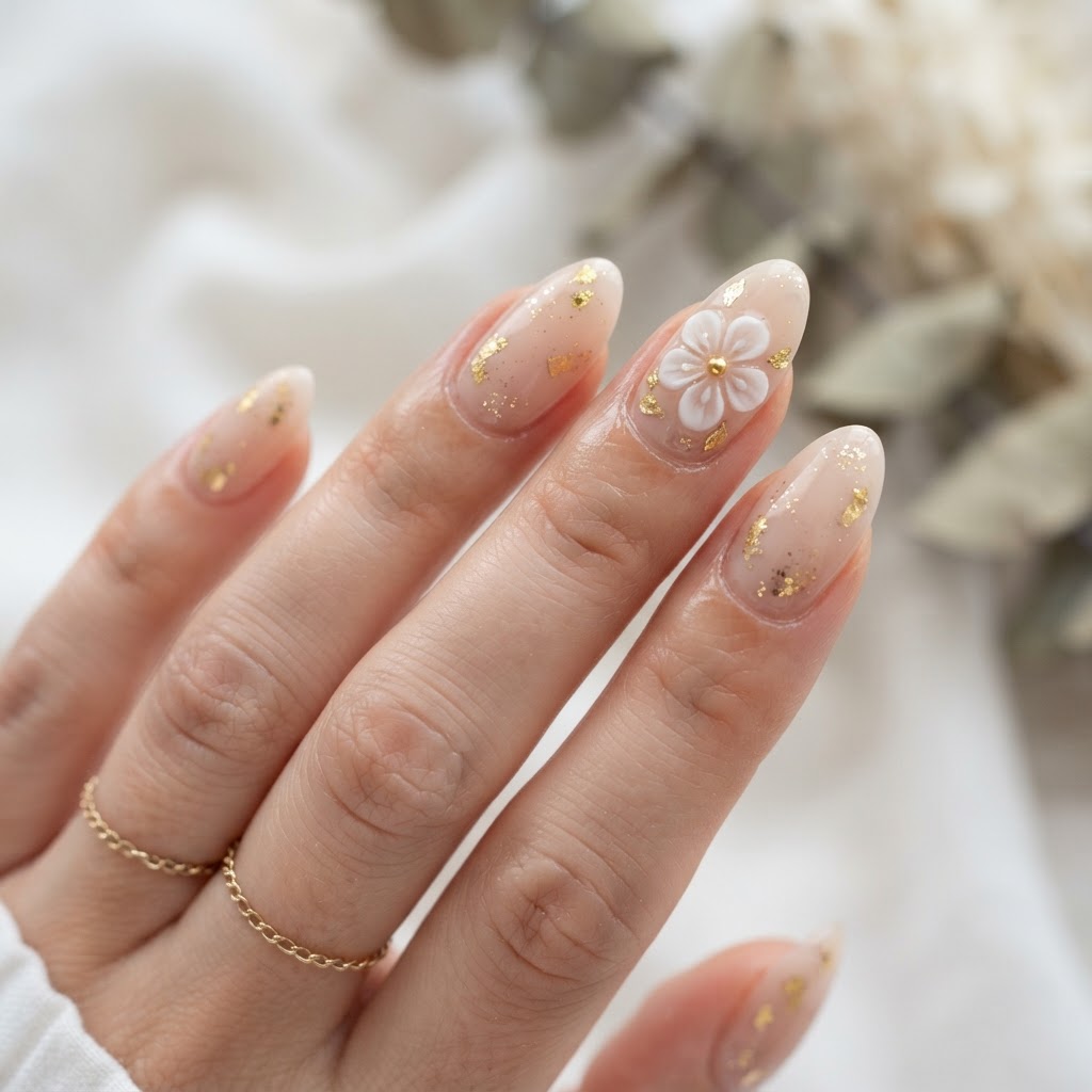 Elegant press on nails with gold leaf and 3D floral accents.