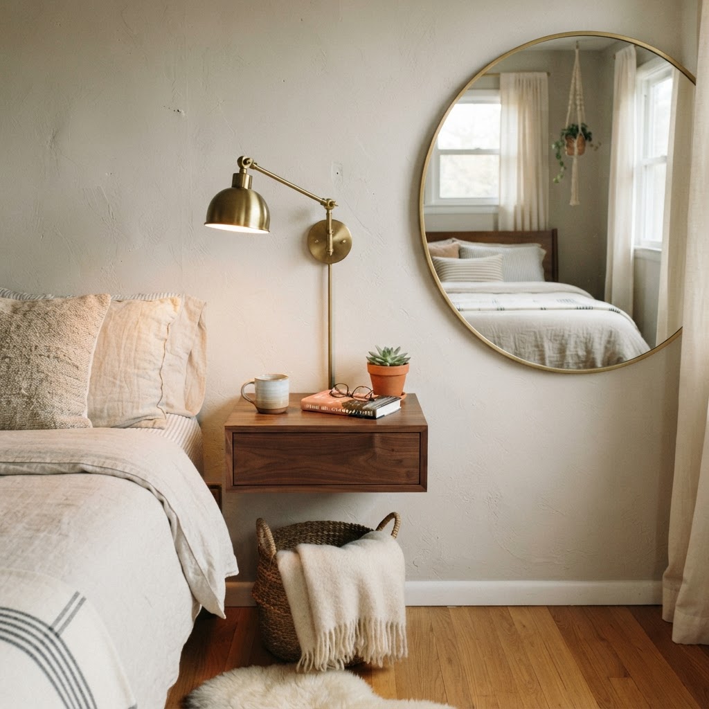 Wall-mounted lighting and mirrors are essential tools for maximizing floor space.