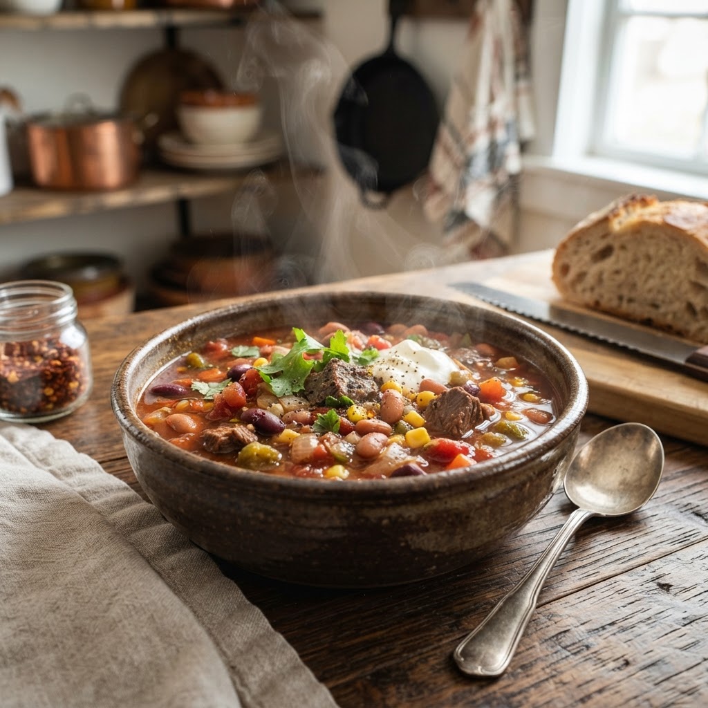 Hearty Cowboy soup served warm.