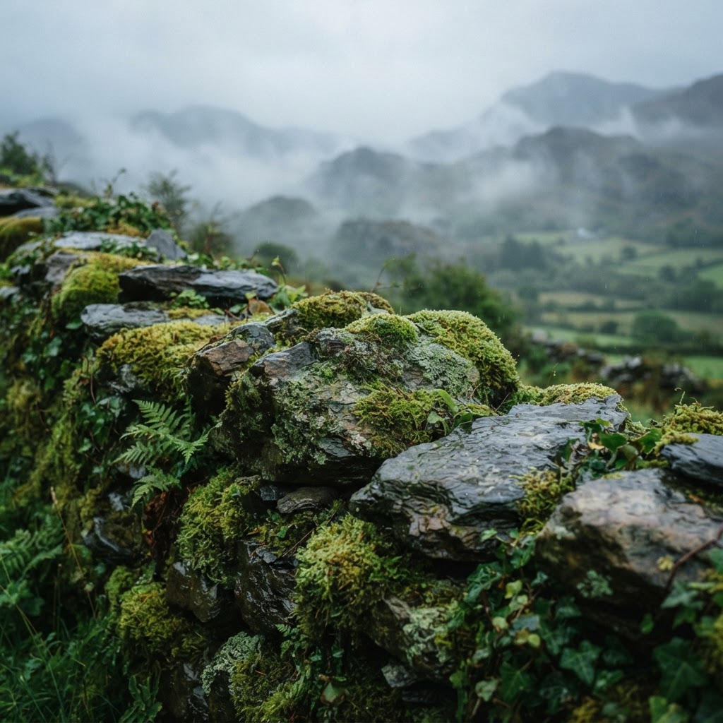 Focusing on textures like moss-covered stone adds a tactile, raw element to your Irish landscape portfolio.
