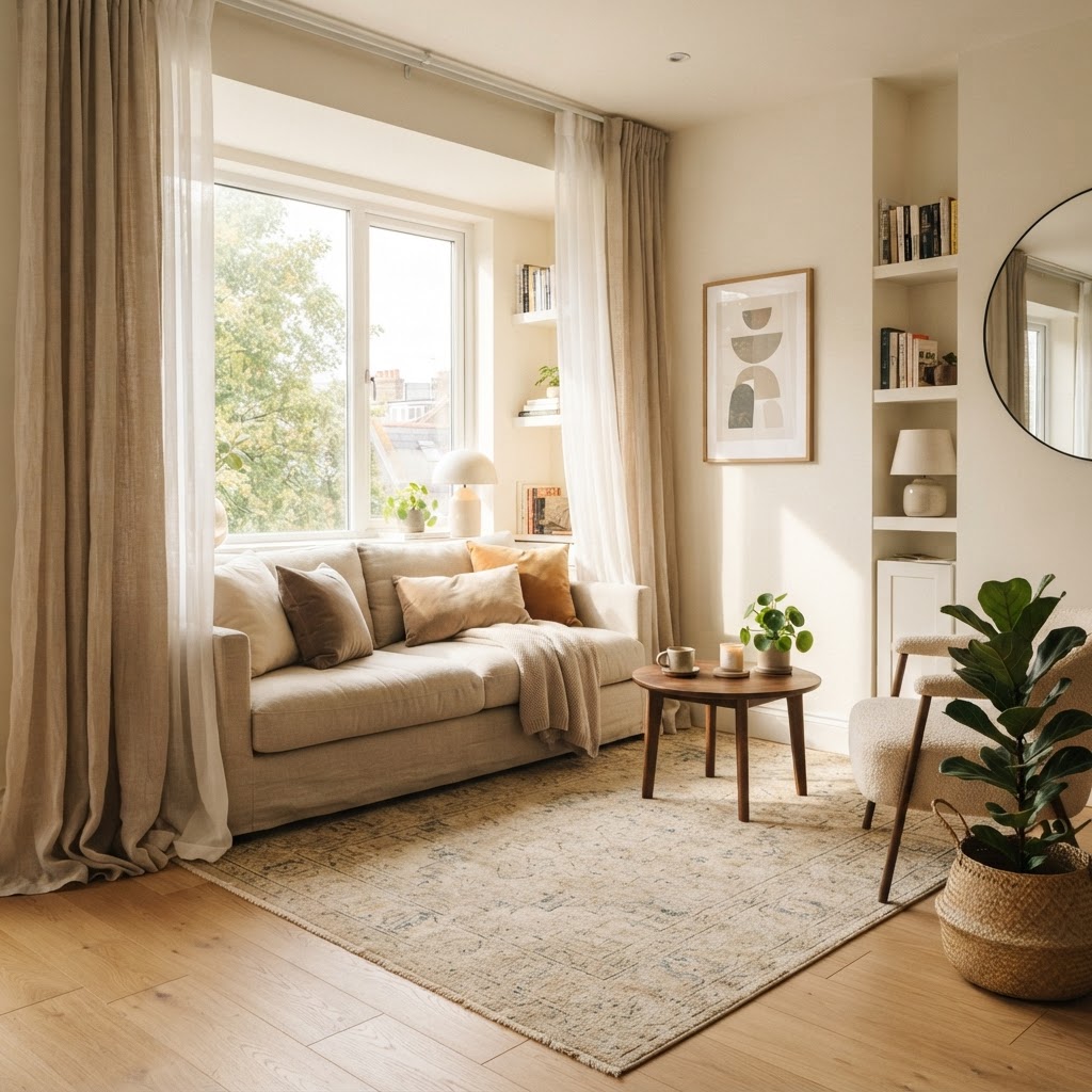 Floor-to-ceiling curtains instantly add height and elegance to any rental apartment.