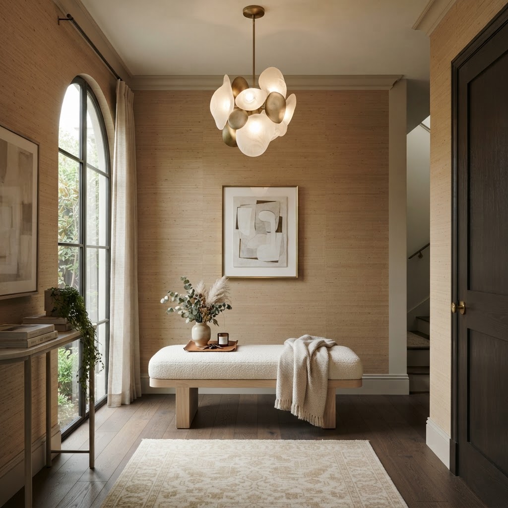 Texture is key: A boucle cushion and grasscloth wallpaper create a luxurious, calm feeling.