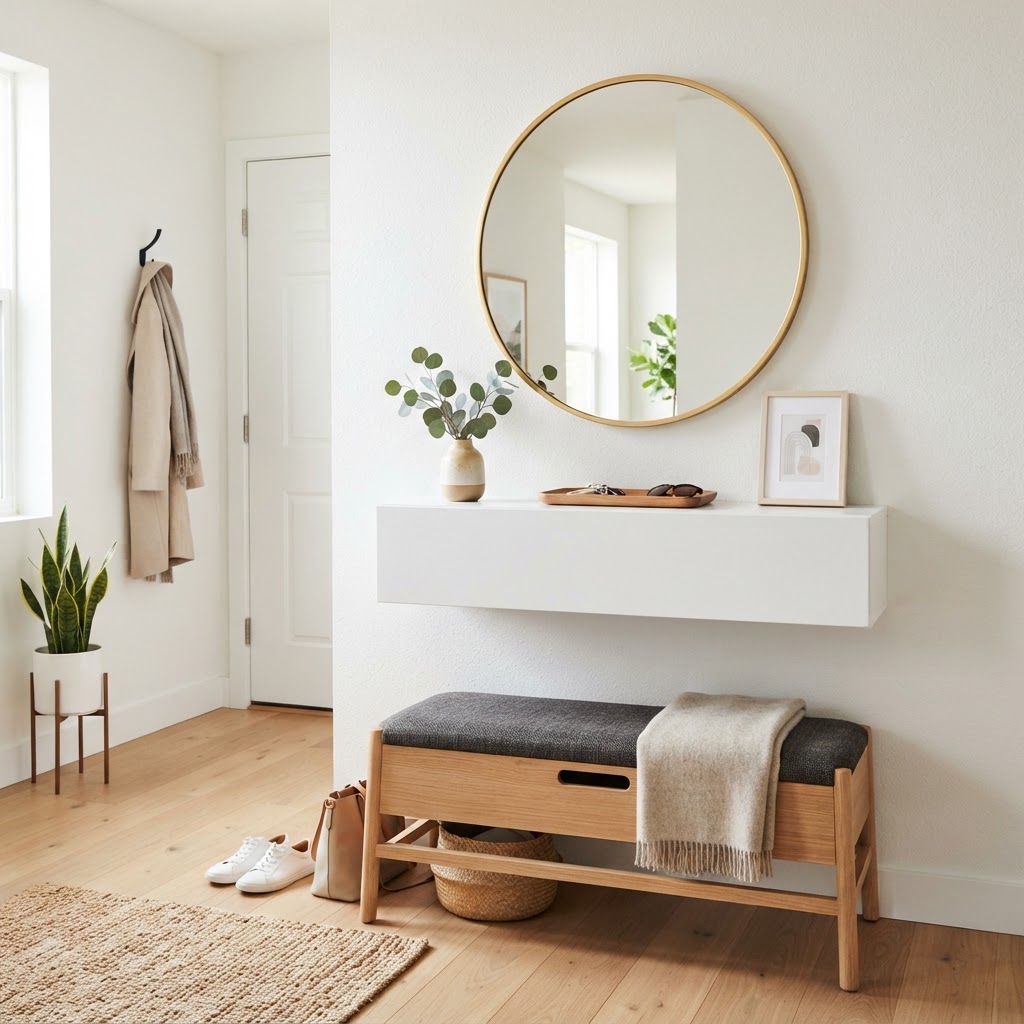 A clean and organized small entryway using floating furniture to save floor space.