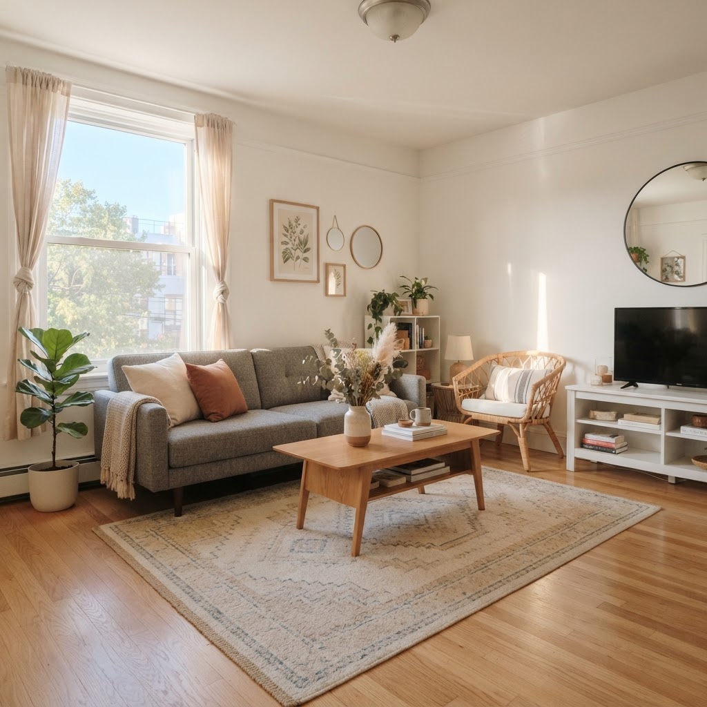 A bright and organized small living room setup.