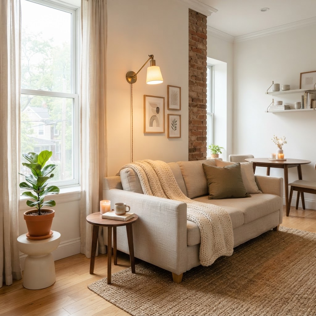 Plug-in wall sconces add warmth to your living room without requiring electrical work.