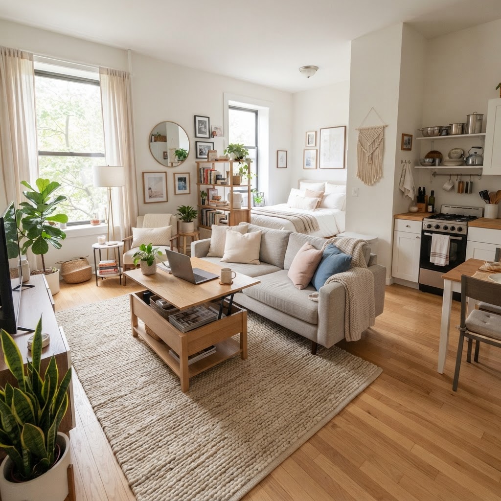 A well-zoned studio apartment using rugs and light furniture to create an open feel.