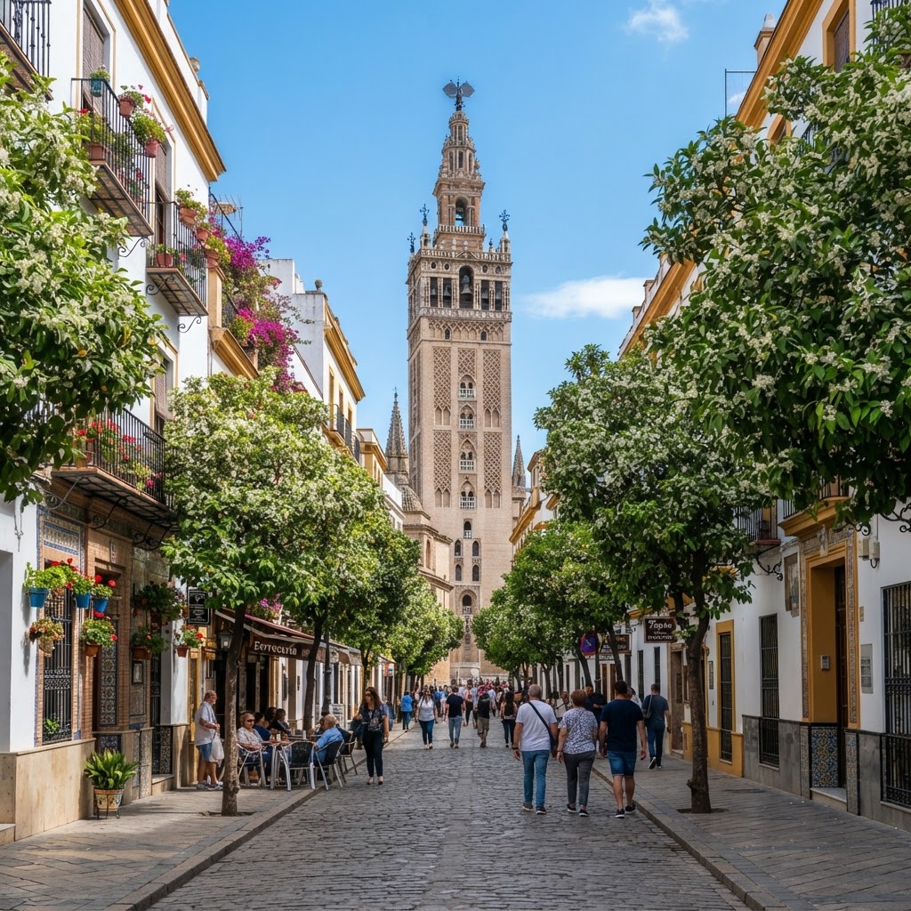 The iconic Giralda tower framed by the fragrant orange blossoms of spring.