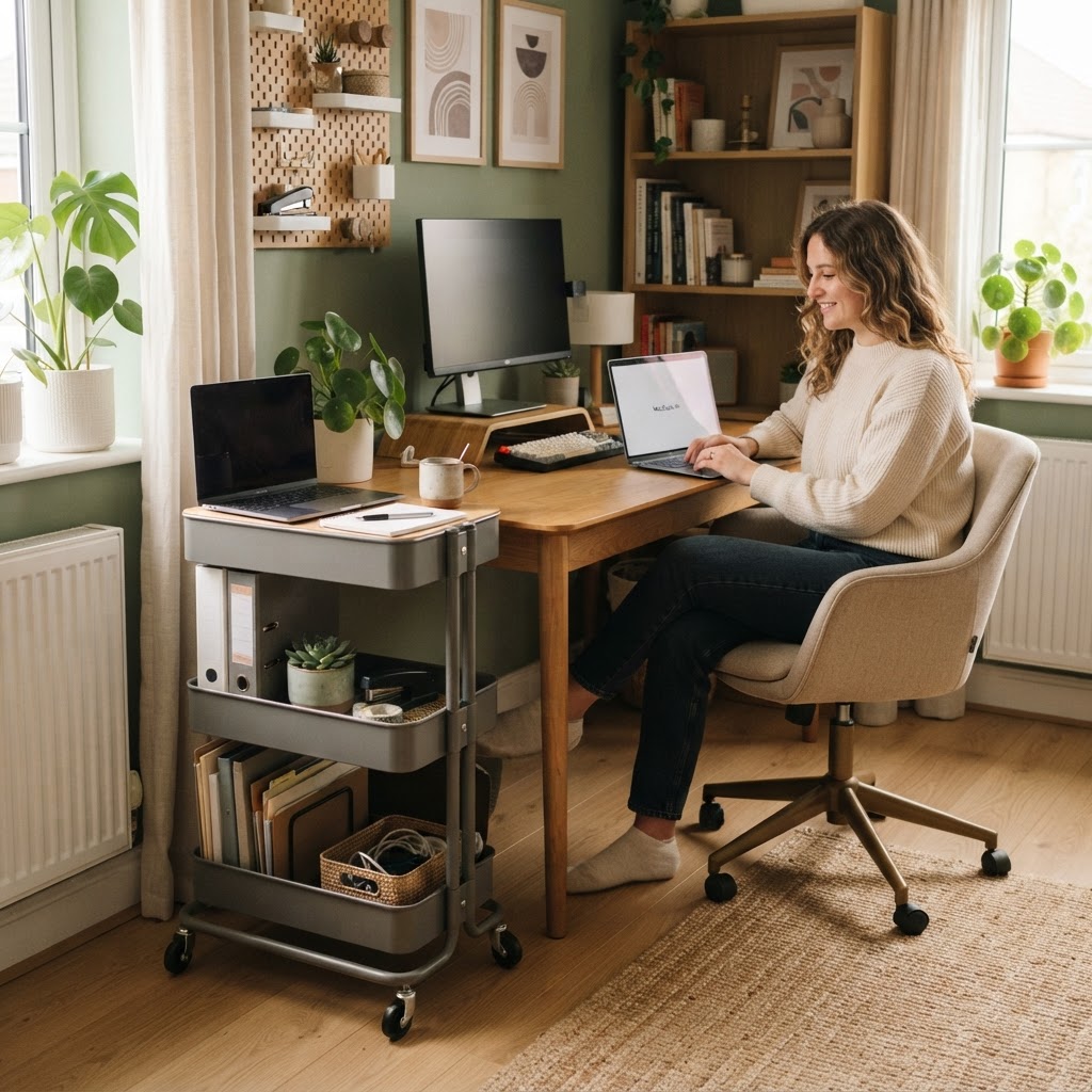 Use a storage cart to keep your home office essentials mobile and tidy.