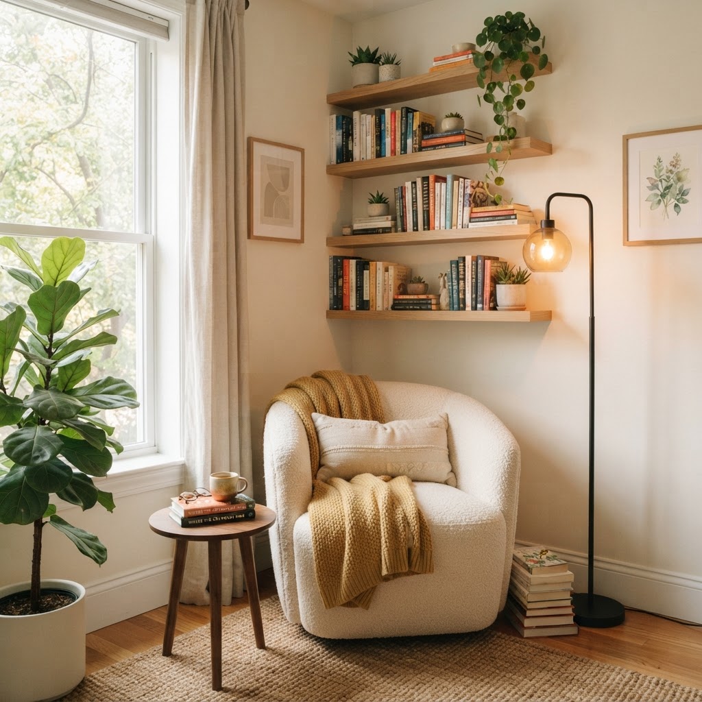 A perfect corner sanctuary featuring vertical storage.