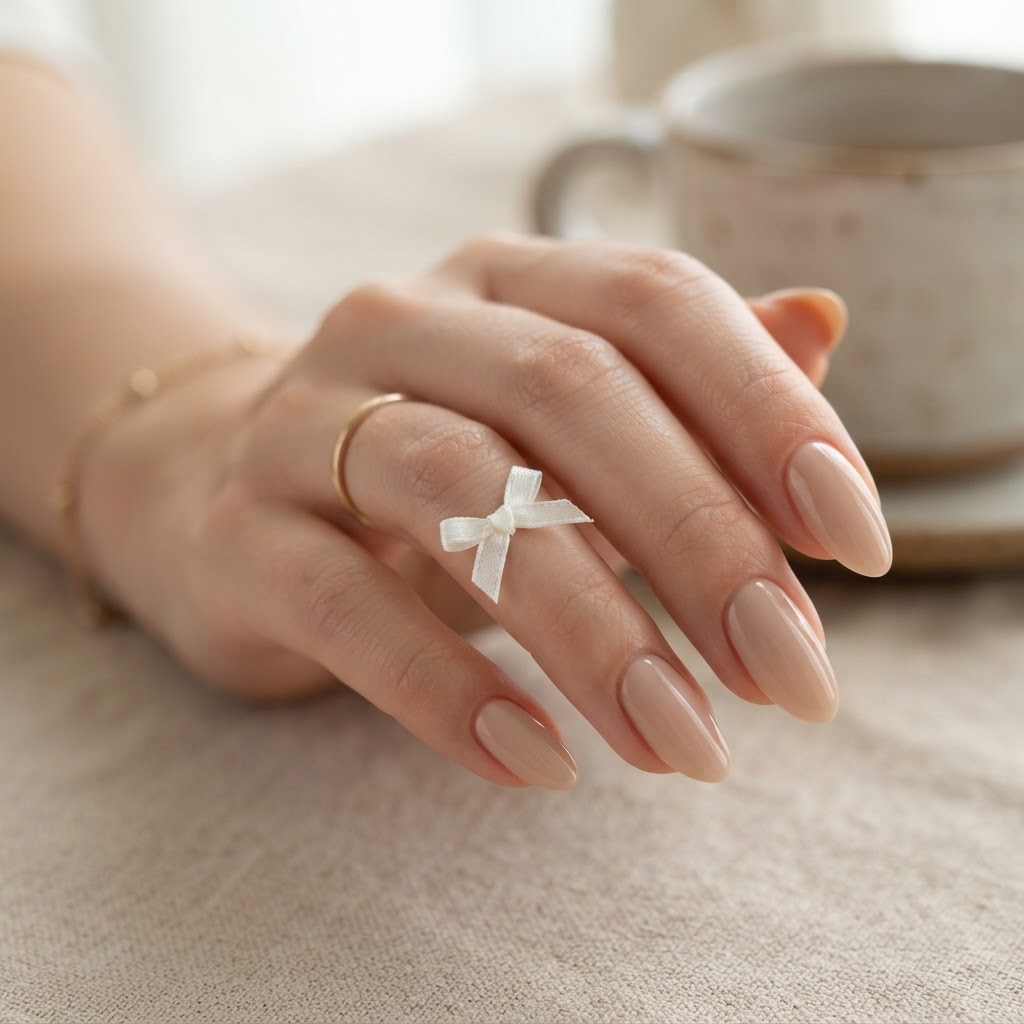 Minimalist nude nails with a delicate bow for a clean girl aesthetic.