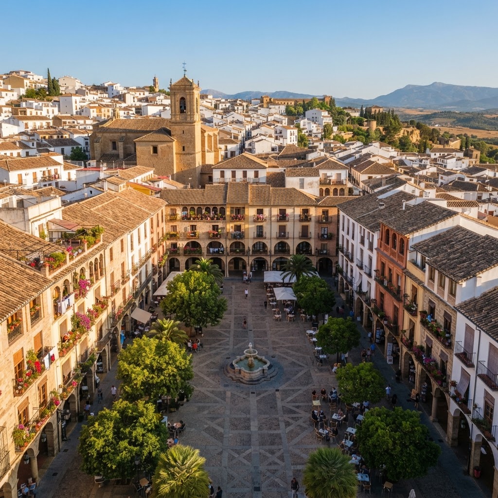 A harmonious view of balcony-lined streets in a Spanish village.