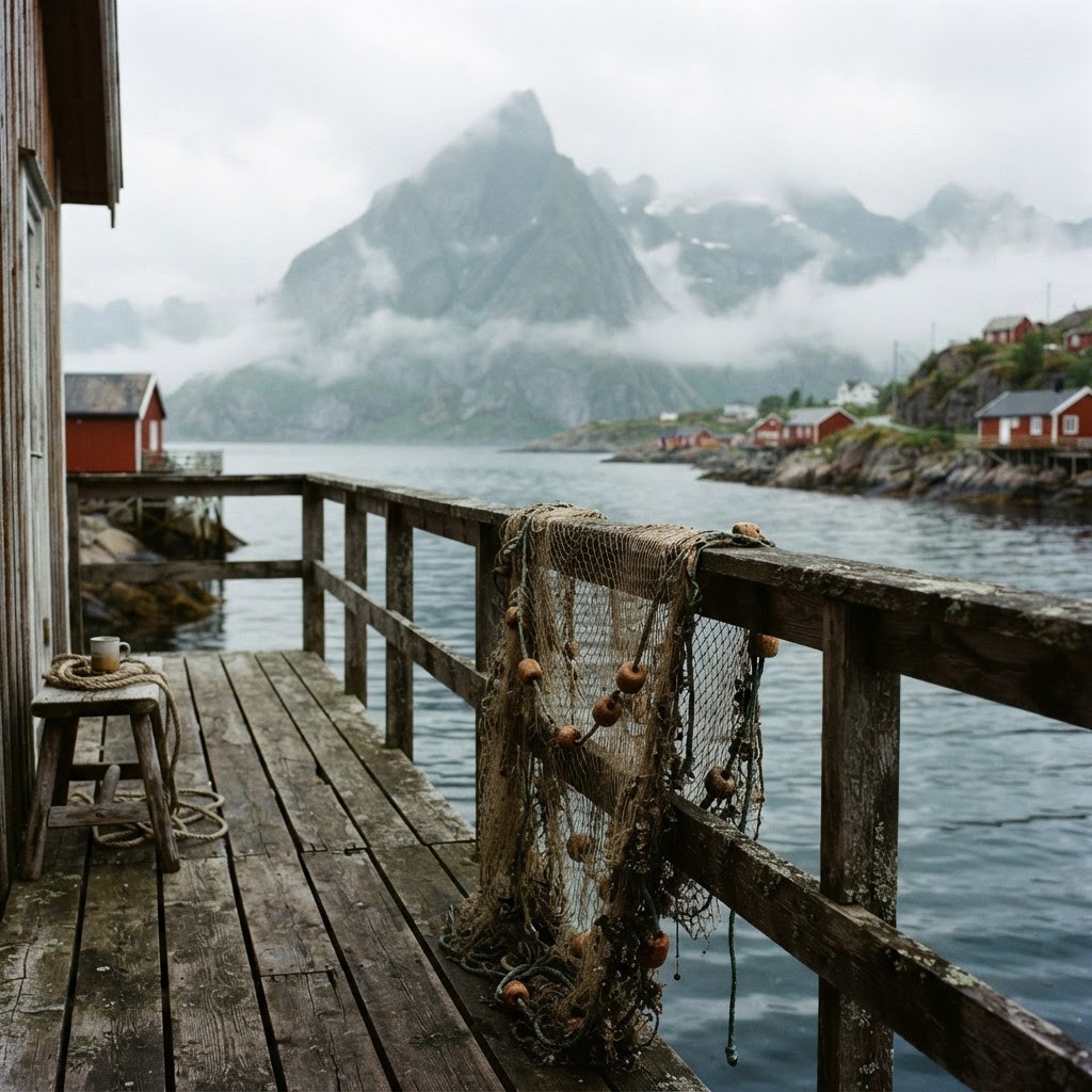 A quiet moment on a traditional fishing cabin deck overlooking the fjords.