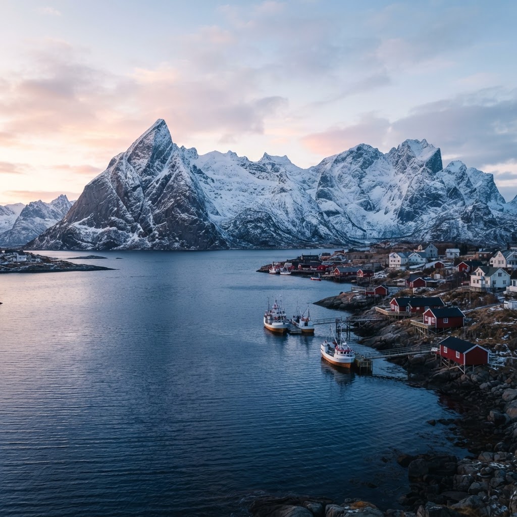 The dramatic peaks of Reine reflected in the calm waters of the fjord at sunrise.