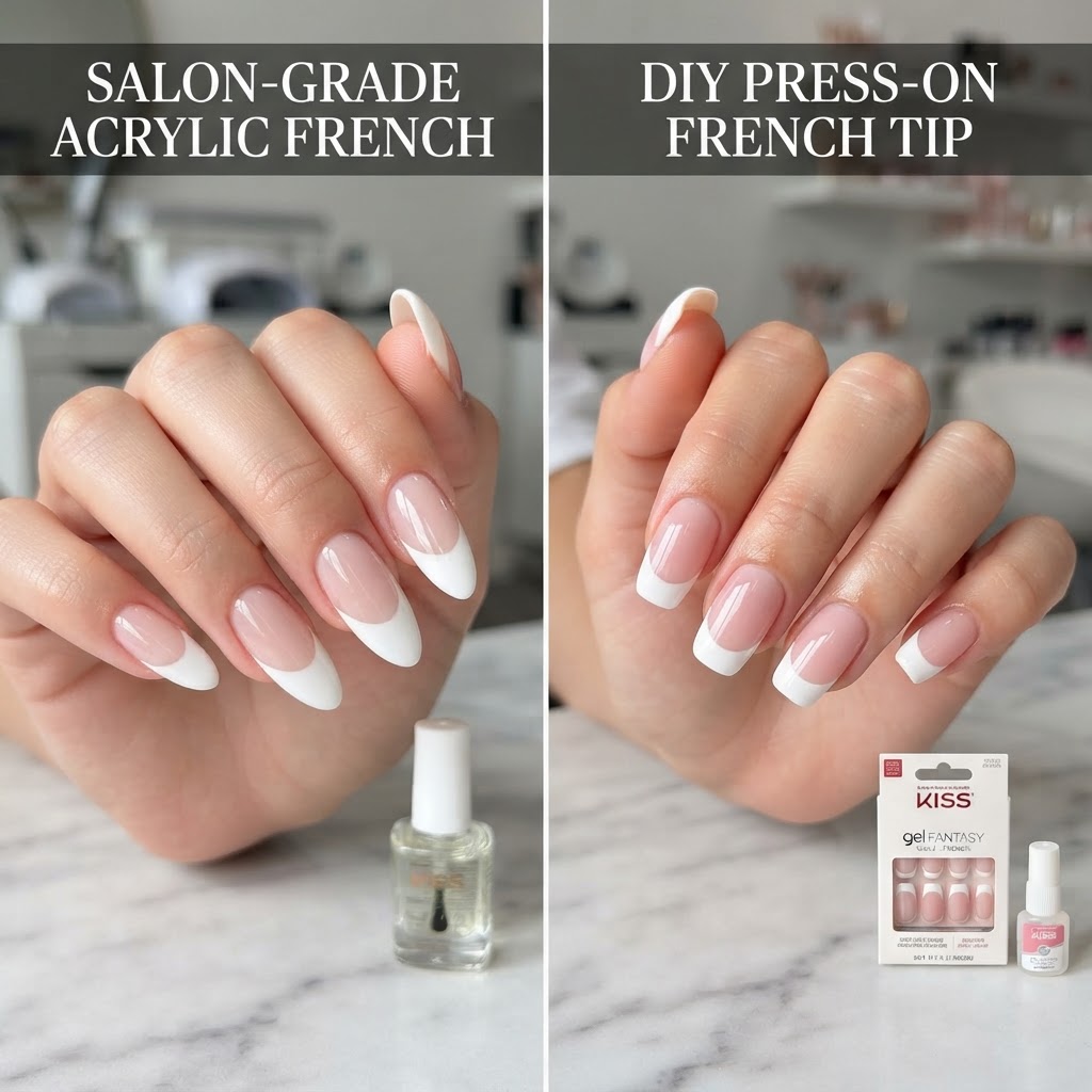 A side-by-side comparison between salon-grade acrylics and high-quality press-on nails.