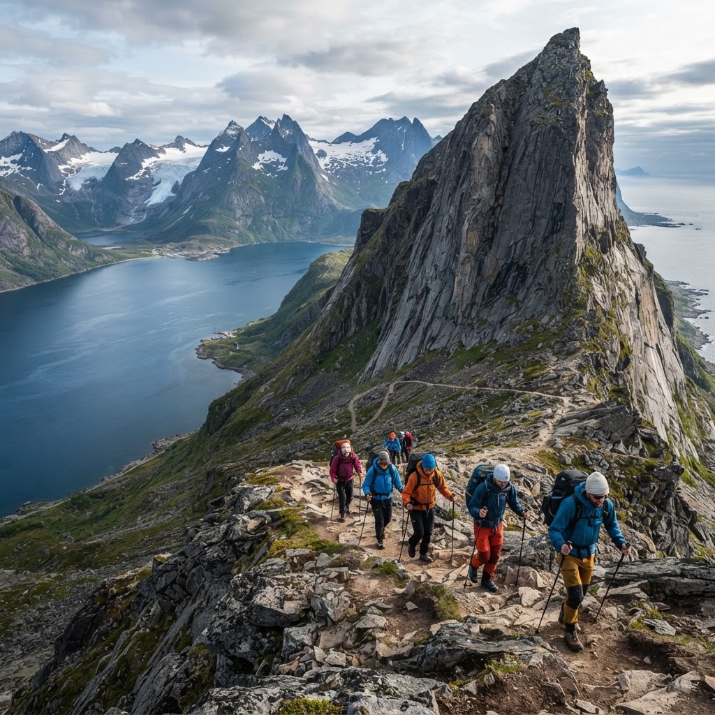 Hikers making their way through the rugged trail.
