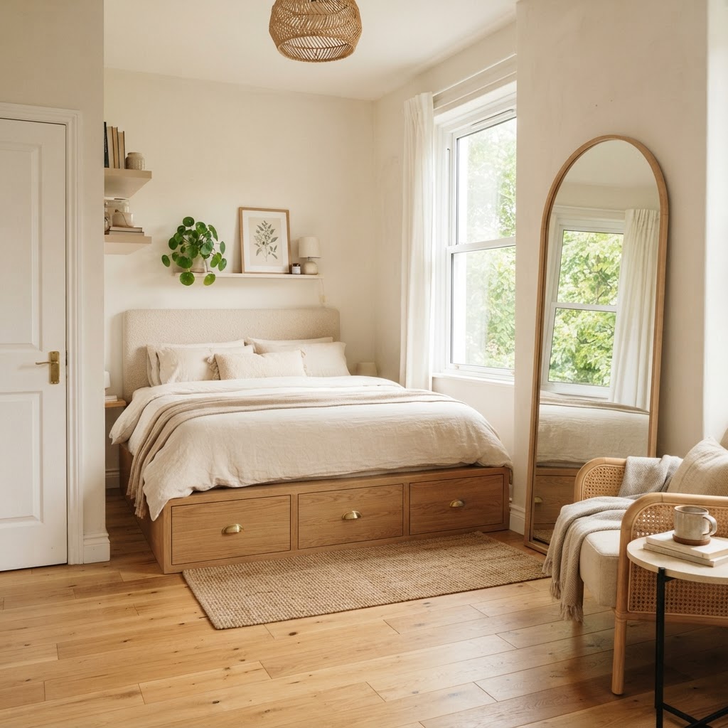 A platform bed with built-in storage is perfect for maximizing small bedroom square footage.