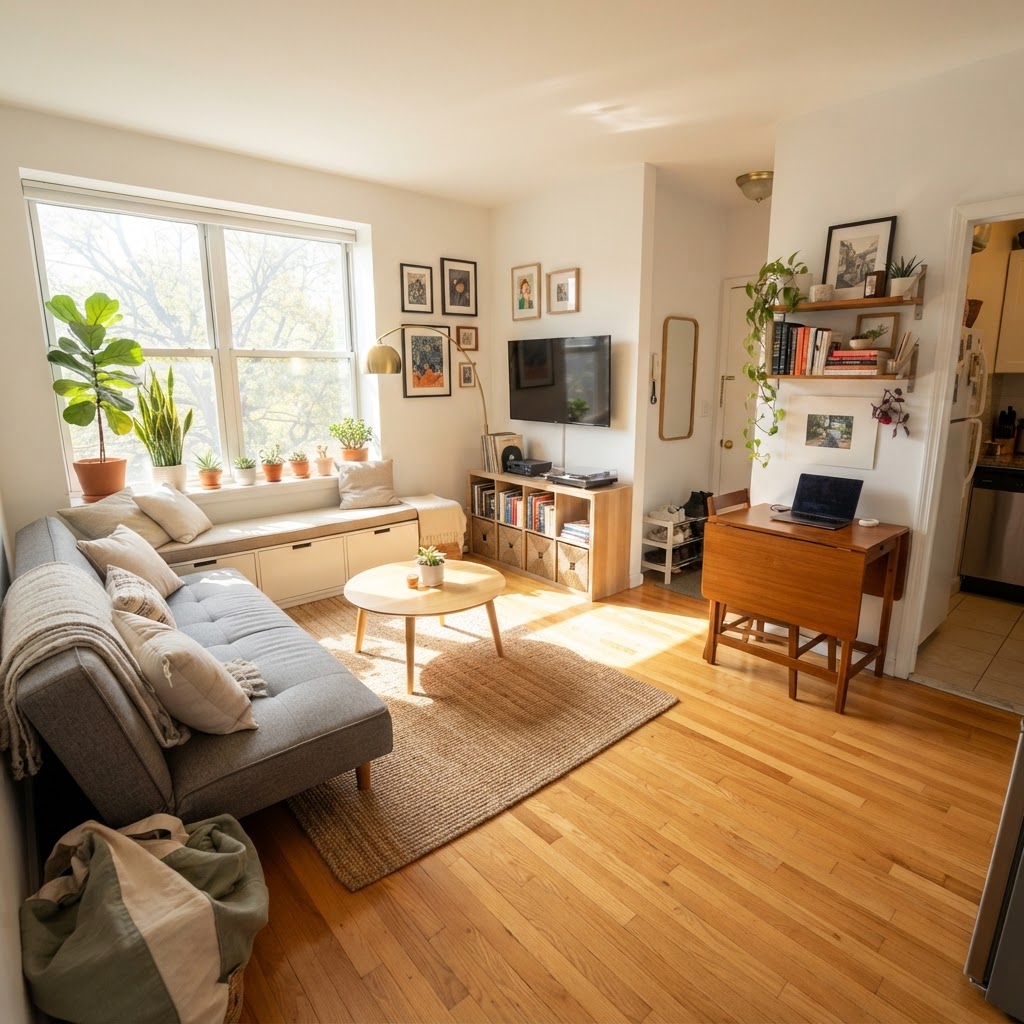 Keep floor space clear to enhance the flow of your small living room.