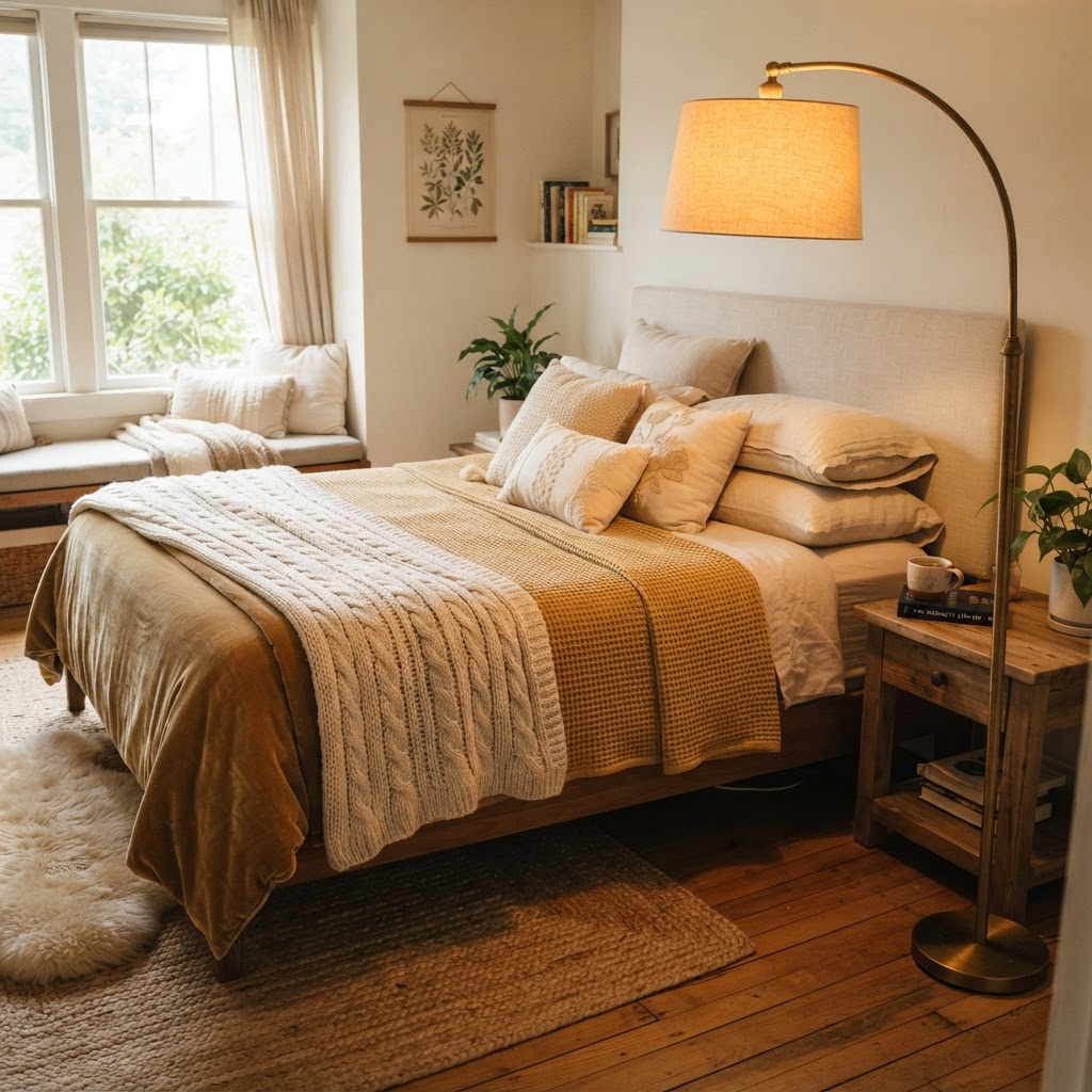 Layered textiles and warm lighting create a high-end bedroom sanctuary.