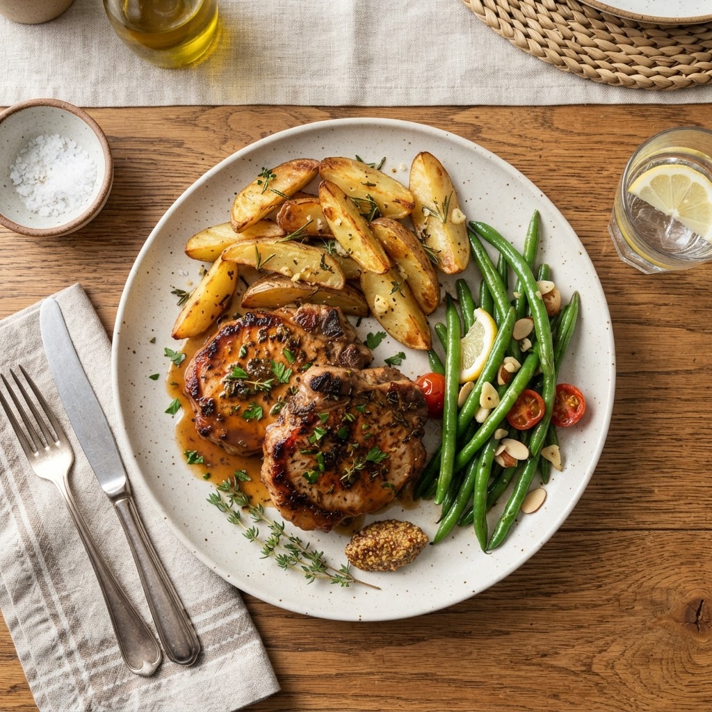 A complete, hearty dinner featuring tender pork and fresh sides.