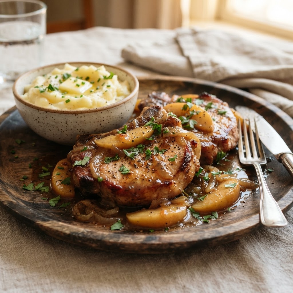 Tender pork chops with a flavorful apple and onion glaze.