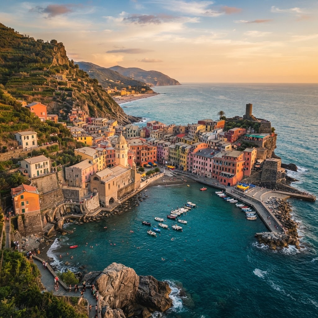 The iconic cliffside architecture of the Cinque Terre villages at sunset.