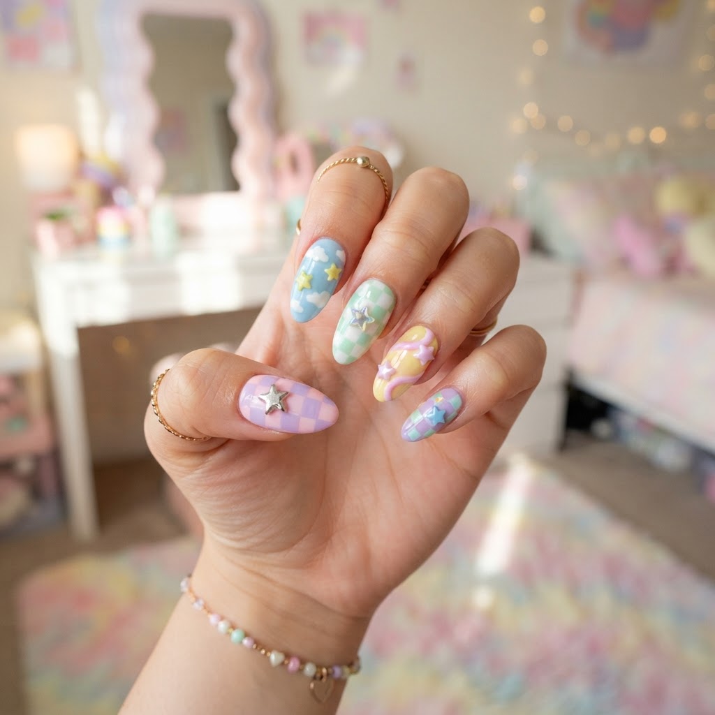 Vibrant Y2K press-on nails with retro stars.